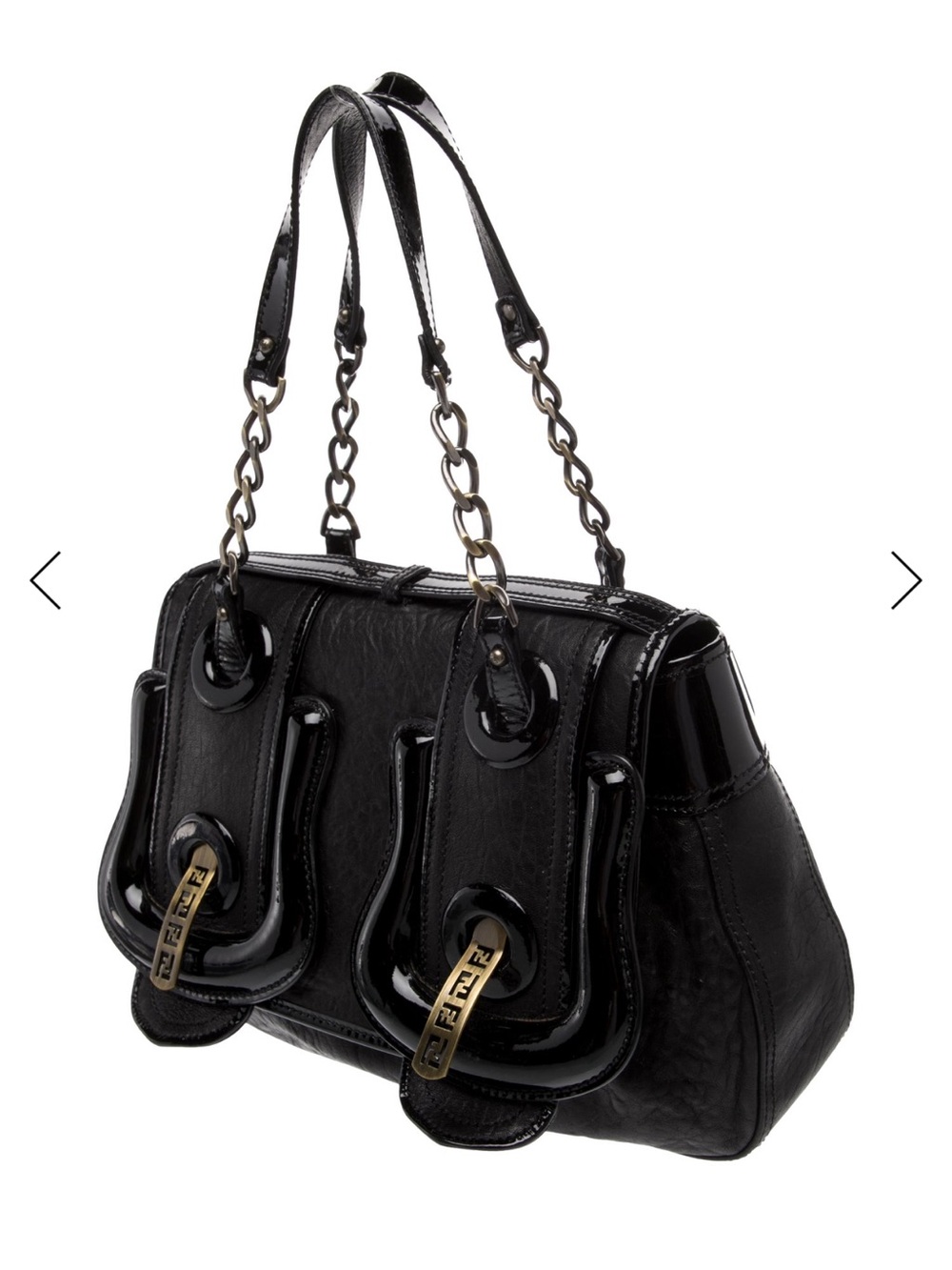 Fendi Black Patent & Leather Shoulder Bag with Chain Straps